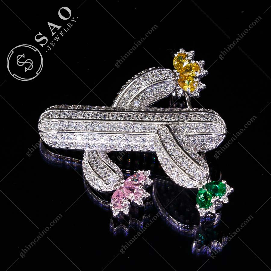 Ghim cài áo bạc 925 xương rồng nở hoa đính zircon cao cấp CA121