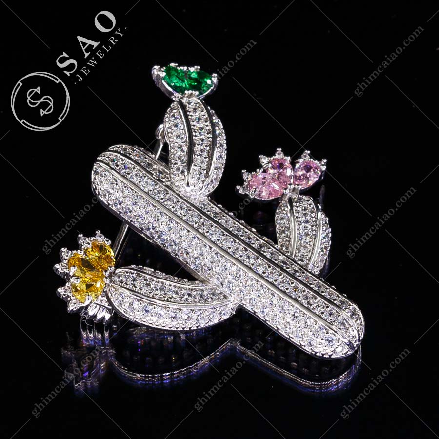 Ghim cài áo bạc 925 xương rồng nở hoa đính zircon cao cấp CA121