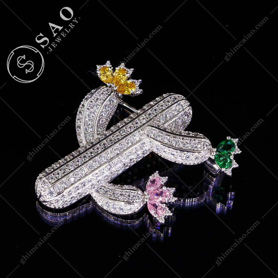 Ghim cài áo bạc 925 xương rồng nở hoa đính zircon cao cấp CA121