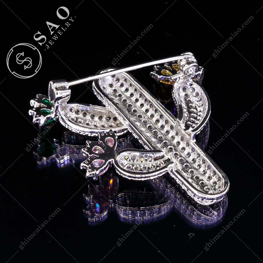 Ghim cài áo bạc 925 xương rồng nở hoa đính zircon cao cấp CA121