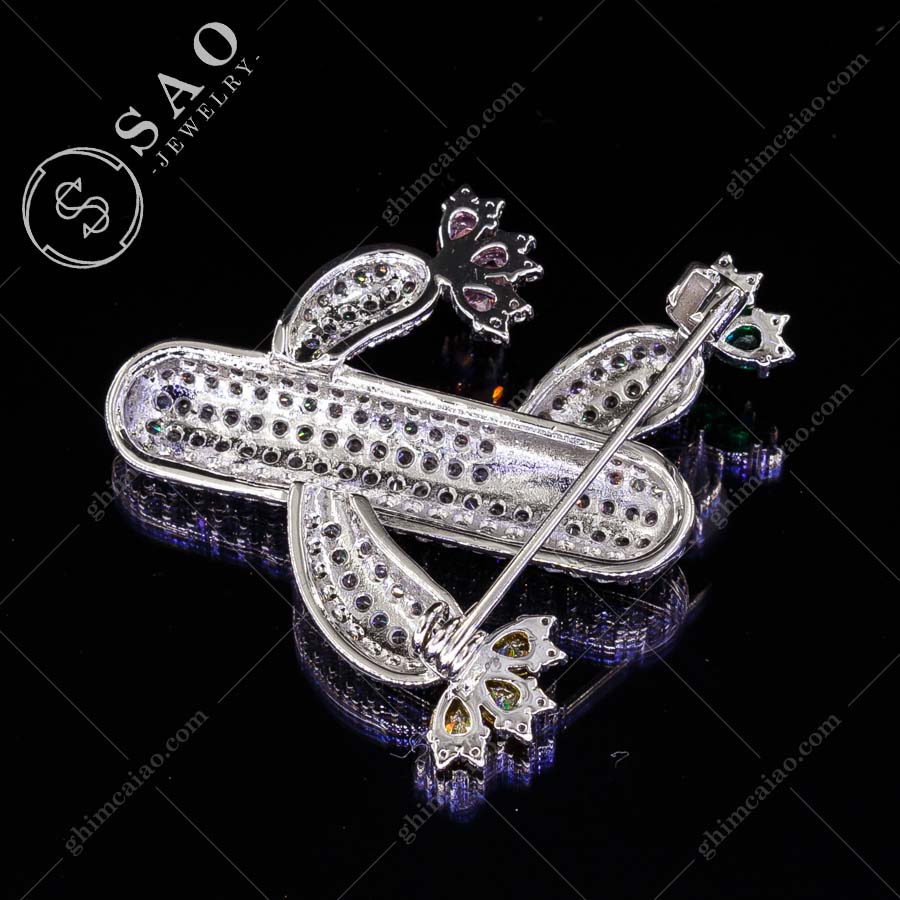 Ghim cài áo bạc 925 xương rồng nở hoa đính zircon cao cấp CA121