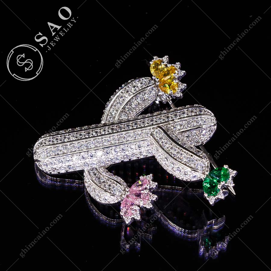 Ghim cài áo bạc 925 xương rồng nở hoa đính zircon cao cấp CA121