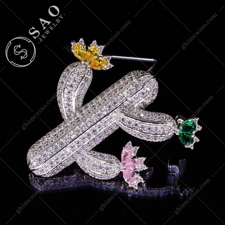 Ghim cài áo bạc 925 xương rồng nở hoa đính zircon cao cấp CA121
