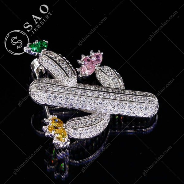 Ghim cài áo bạc 925 xương rồng nở hoa đính zircon cao cấp CA121