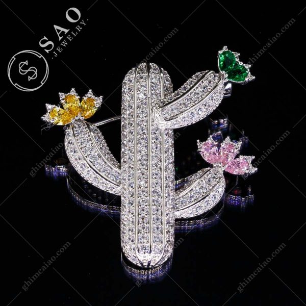 Ghim cài áo bạc 925 xương rồng nở hoa đính zircon cao cấp CA121
