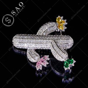 Ghim cài áo bạc 925 xương rồng nở hoa đính zircon cao cấp CA121