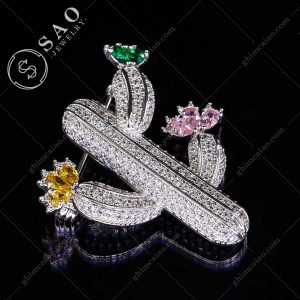 Ghim cài áo bạc 925 xương rồng nở hoa đính zircon cao cấp CA121
