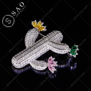 Ghim cài áo bạc 925 xương rồng nở hoa đính zircon cao cấp CA121
