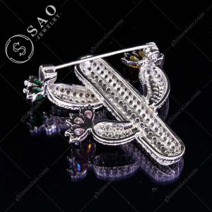 Ghim cài áo bạc 925 xương rồng nở hoa đính zircon cao cấp CA121