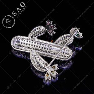 Ghim cài áo bạc 925 xương rồng nở hoa đính zircon cao cấp CA121