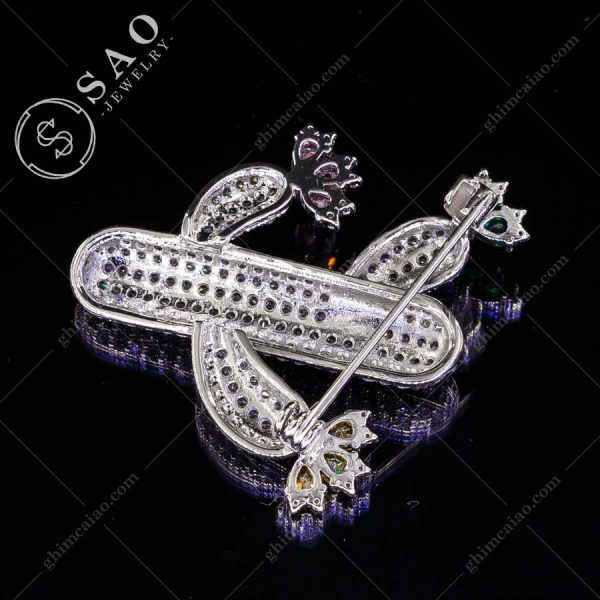 Ghim cài áo bạc 925 xương rồng nở hoa đính zircon cao cấp CA121