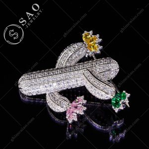 Ghim cài áo bạc 925 xương rồng nở hoa đính zircon cao cấp CA121