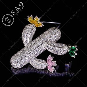 Ghim cài áo bạc 925 xương rồng nở hoa đính zircon cao cấp CA121