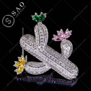 Ghim cài áo bạc 925 xương rồng nở hoa đính zircon cao cấp CA121