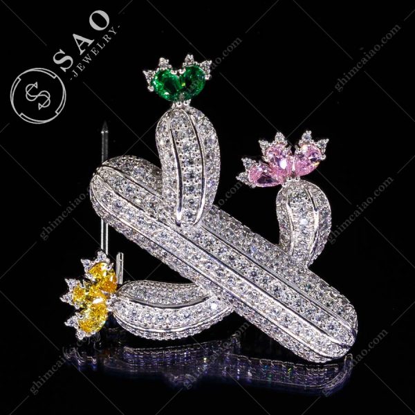 Ghim cài áo bạc 925 xương rồng nở hoa đính zircon cao cấp CA121